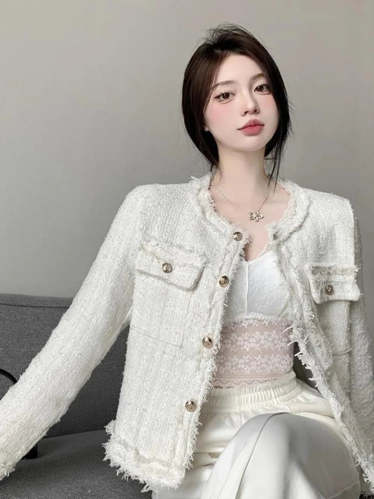 Korean Fashion Vintage Tweed Woolen Jacket Coat Women Spring Autumn Single Breasted Plaid Tassel Office Lady Outwear Coat