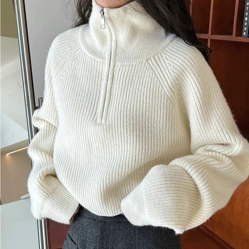 AOSSVIAO Women's Loose Knitted Pullovers Half Zipper Autumn and Winter Turtleneck Sweaters Casual Comfortable Full Sleeve Top