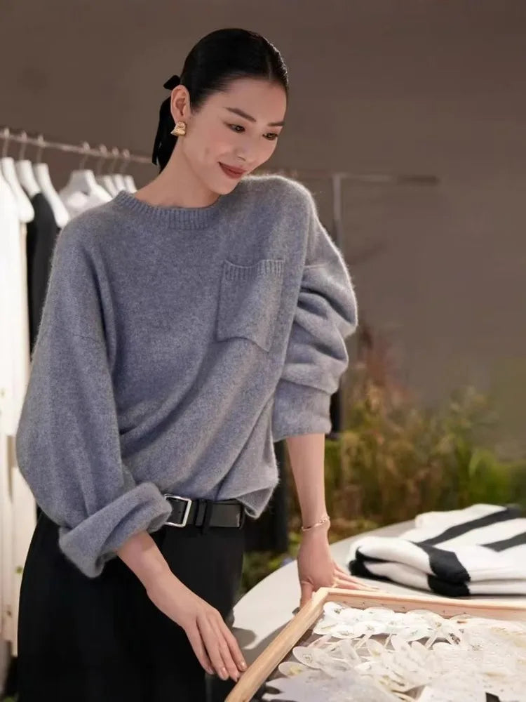 100% cashmere sweater women's crewneck loose thick sweater women's knitted bottom sweater new style