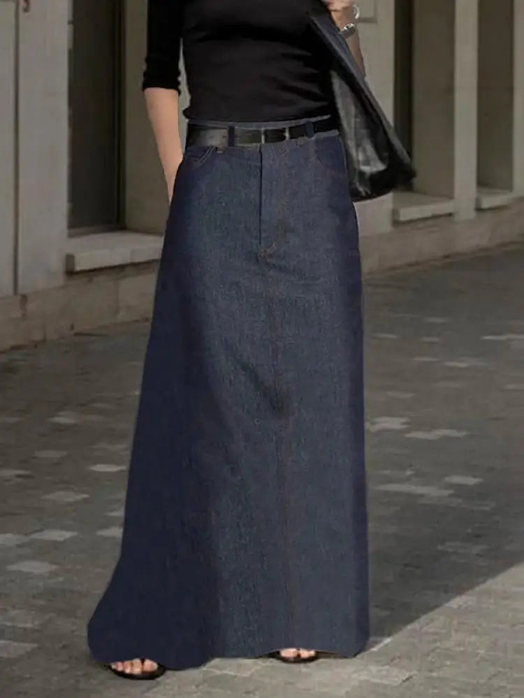 2025 New Fashion Imitation Denim H-Line High Waist Skirts Spring Summer Loose Solid Color Pockets Maxi Skirt For Women