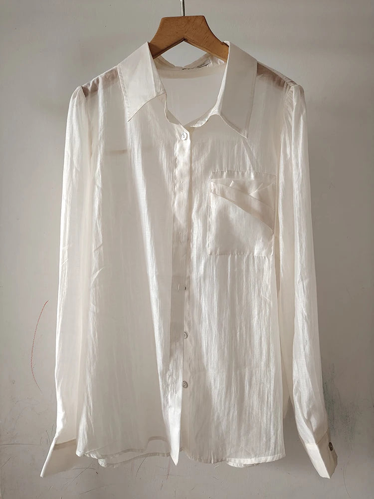 Summer 2025 Women's Beige Loose Lyocell Shirt Korean Style Sun Protection Thin Blouse for Fashionable Ladies