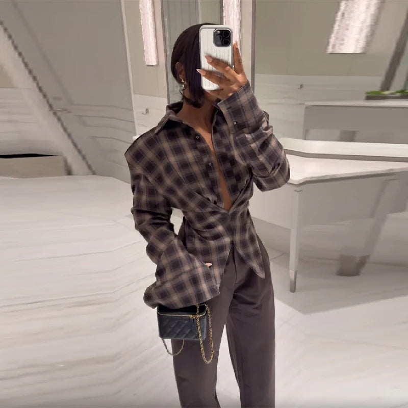 Stylish Casual-chic Plaid Shirt Waist Cinched Slim Fit Button Long Sleeved Spicy Girl Sexy Autumn Trend Fashion Jacket Women Top