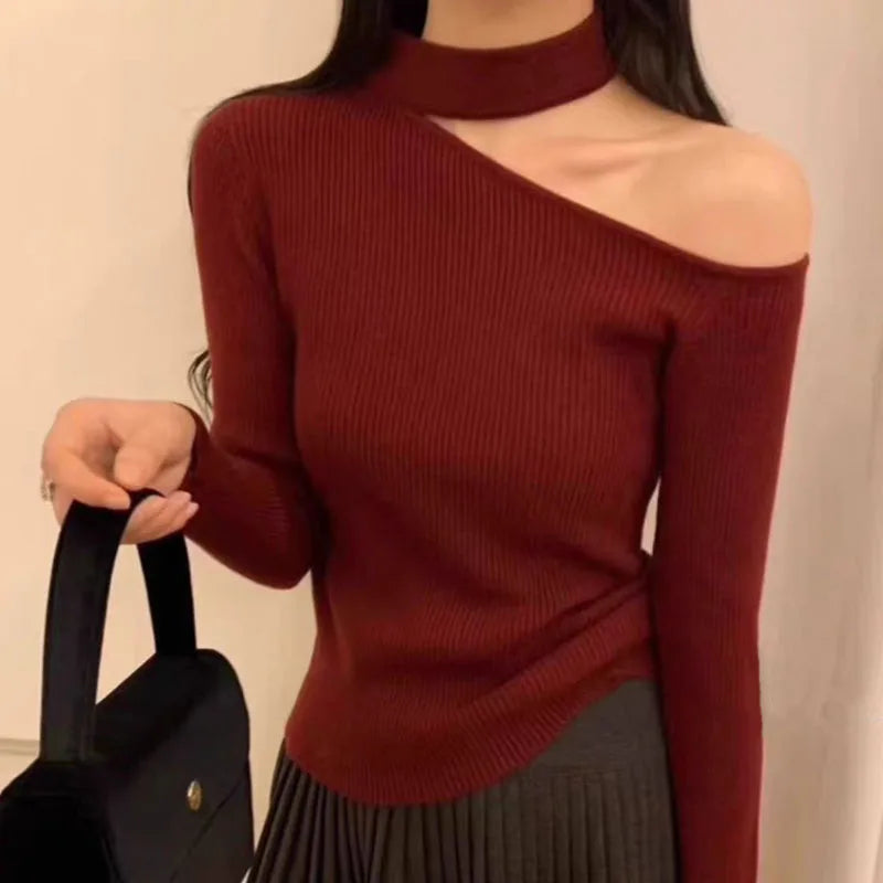 Autumn Korean Style Sweater Women Pullover Tops Off Shoulder Long Sleeve Knitted Sweaters Female Jumpers Solid Basic Sweater