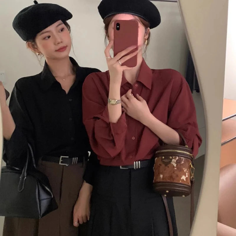 Vintage Turn Down Collar Long Sleeve Shirt Women Korean Simple Button Up Work Shirts Woman Loose All Match Office Shirts Ladies