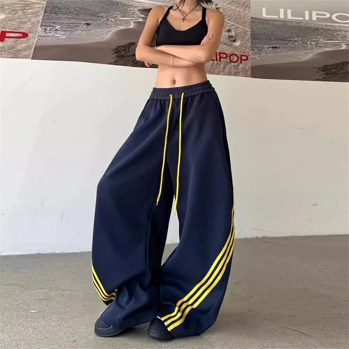 Women Stripe Retro Street Pants High Waist Drawstring Baggy Wide Leg Joggers Pant Lady Y2K Hip Hop Sweatpants Casual Trousers