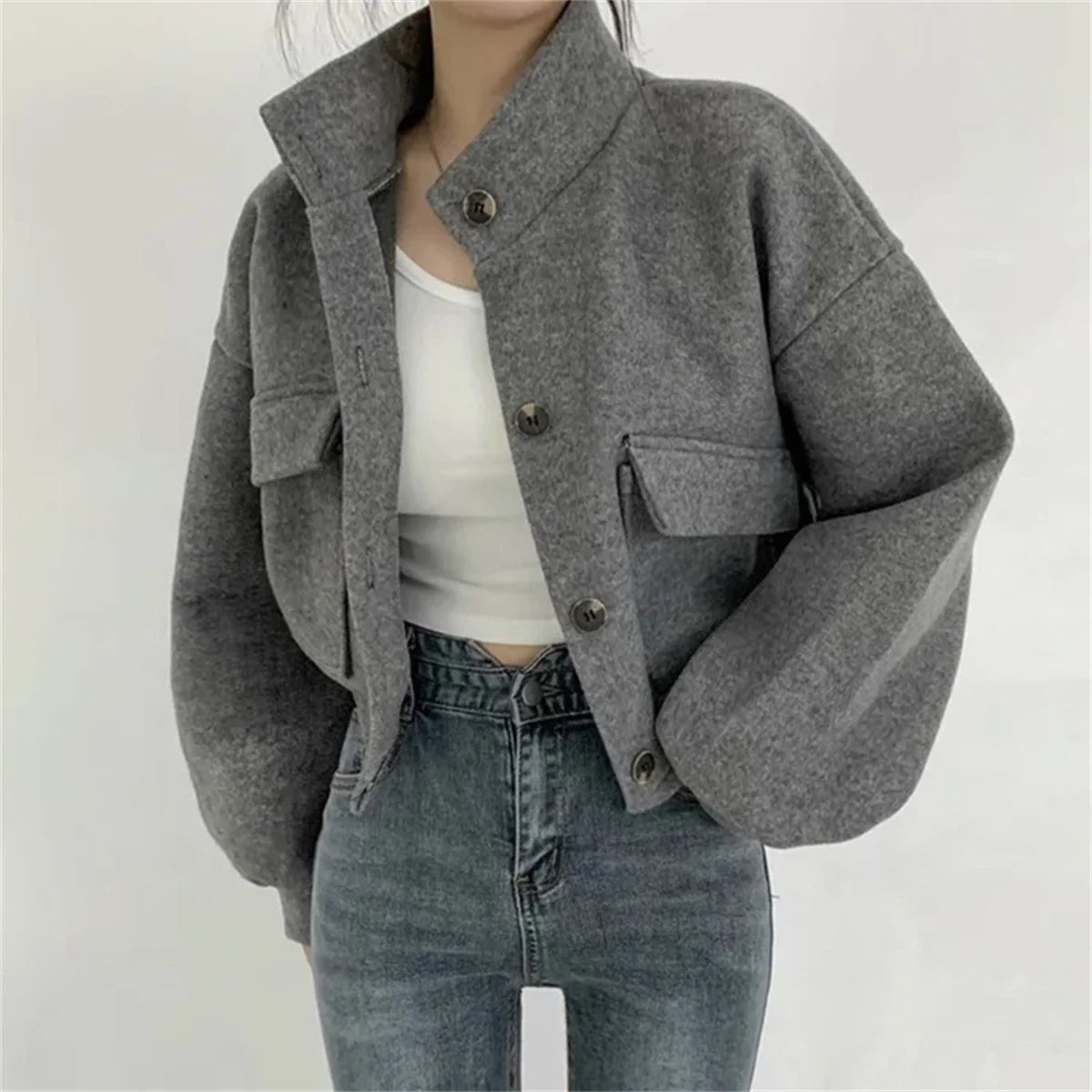 Korean Fashion Autumn Winter Coat Women New In Stand Neck Solid Button Loose Jacket Lady Casual Street Outwear Vintage Clothes