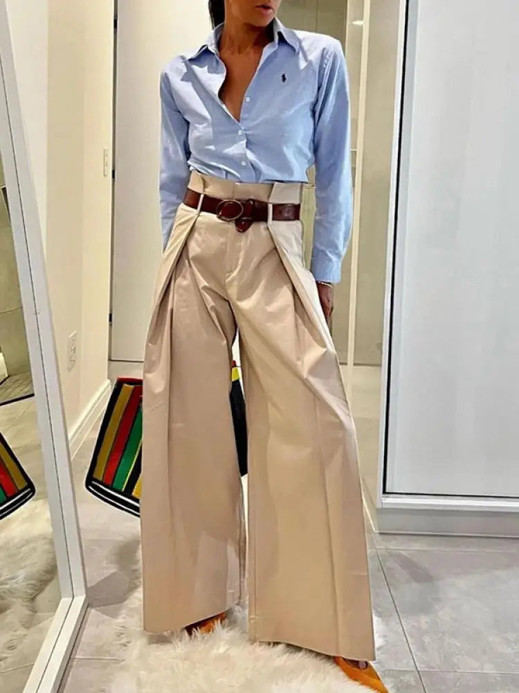 Freeacy 2025 Women's Fashion Commuter Pants Apricot Elastic High Waist Pleated Trousers Full-Length Wide Leg Bottoms for Female