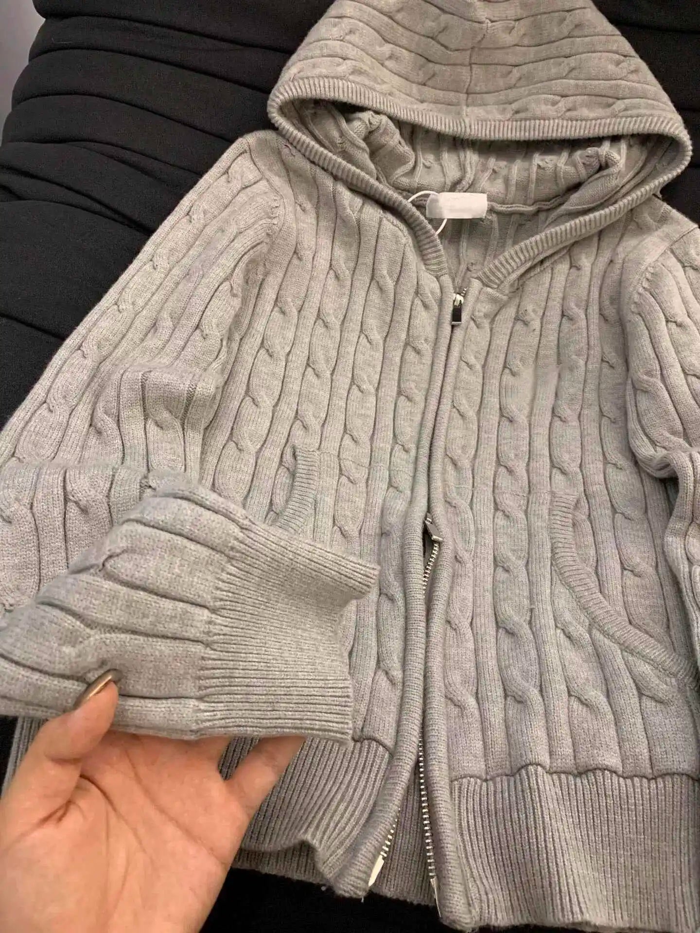 Gray Double Zippers Hooded Sweater Coats Women Solid Color Long Sleeve Cardigans Tops Ladies Spring Autumn Knitshirts