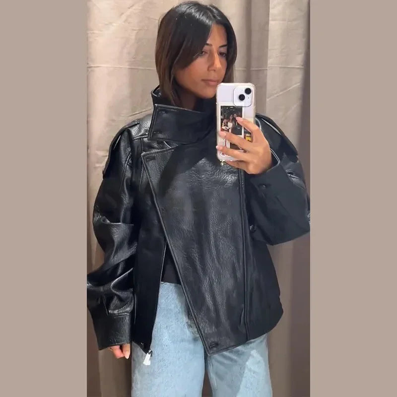 Stand Collar Short Leather Jacket Women Zipper Solid Single Breasted Full Sleeve Lapel Belt Coat 2025 Autumn Lady Chic Outwears