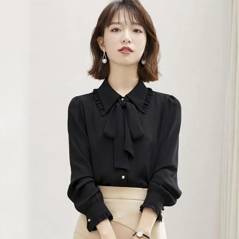 Blouses Female Elegant Fashion Office Lady Bow Solid Chiffon Shirts Women Clothing Spring Autumn Long Sleeve V-Neck Pullover Top