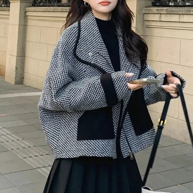 Chic Casual Plaid Jacket Women Fashion Elegant Loose Small Fragrance Zipper Jackets Korean Simple Office Lady Long Sleeve Coats