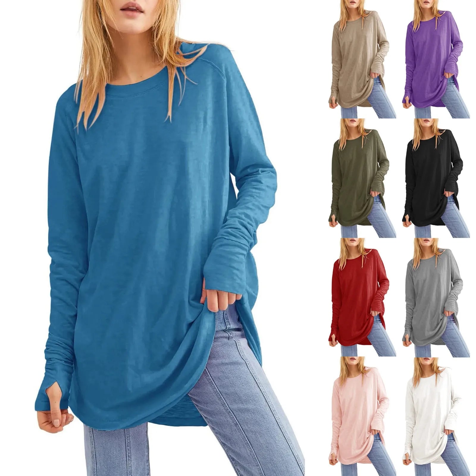 Women's Tops Long Sleeve Shirts for Women Loose Fashion Solid Color Stitching Round Neck Long Sleeved Drop Shoulders Sweater Top