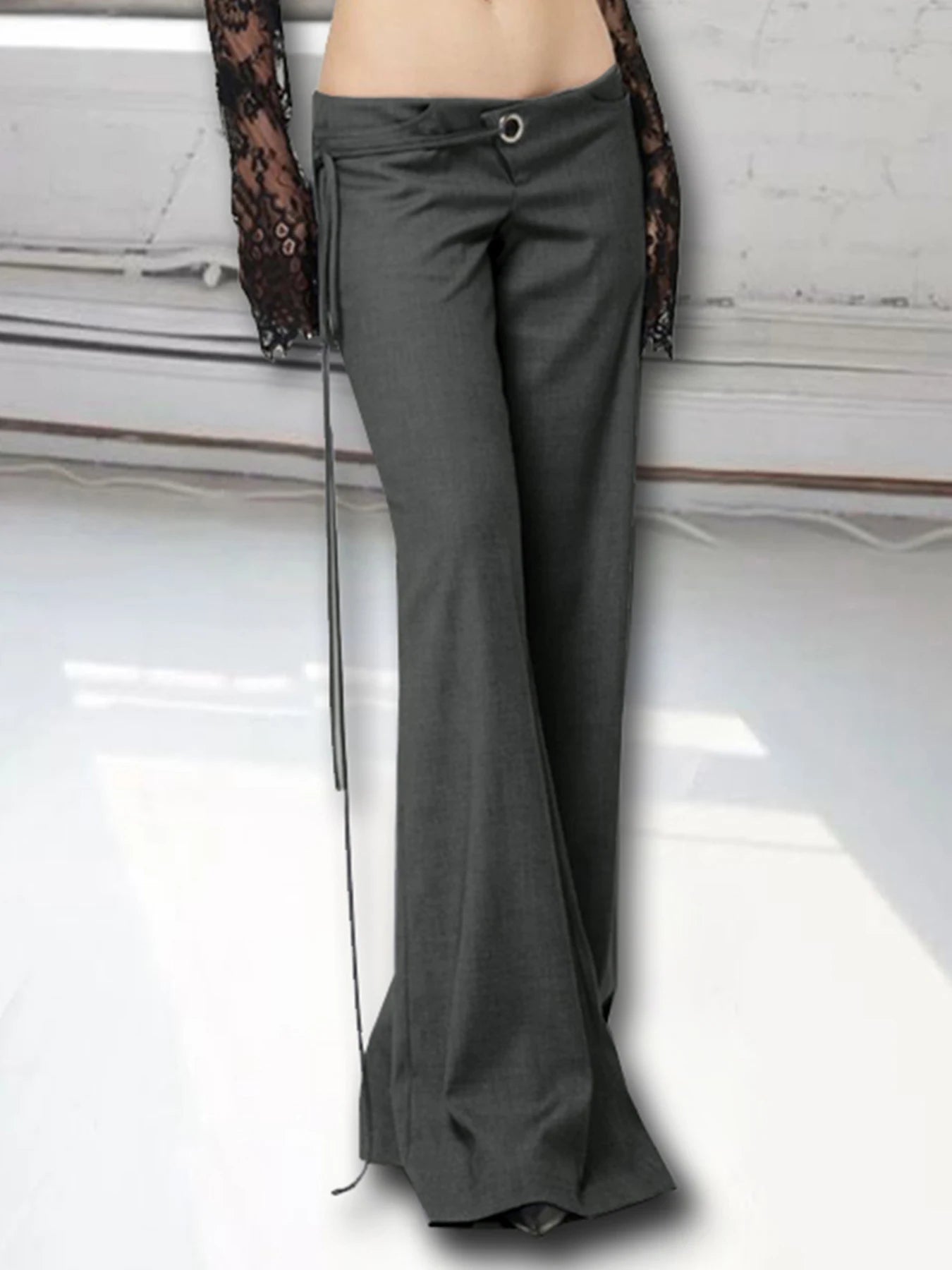 Cuteandpsycho Lace Up Loose England Style Trousers Fashion Low Waisted Solid Pants Vintage Aesthetic Leisure Bottoms for Women