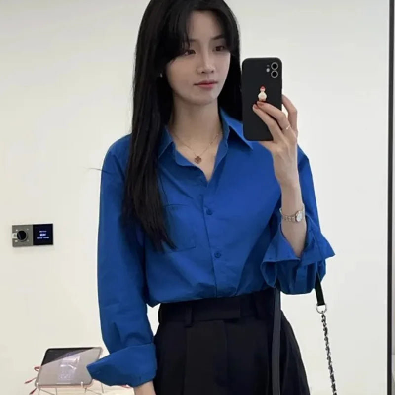 Vintage Blue Long Sleeve Shirts Women Spring Autumn 2025 Chic Single Breasted Blouses Woman Loose Turn Down Collar Shirts Ladies