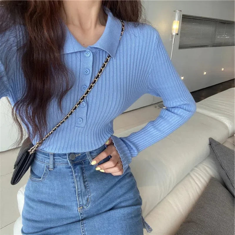 Autumn Winter Polo Collar New Long Sleeve Inner Pullovers Bottom Knitted Shirt Women's Clothing Slim Short Style Chic Sweaters