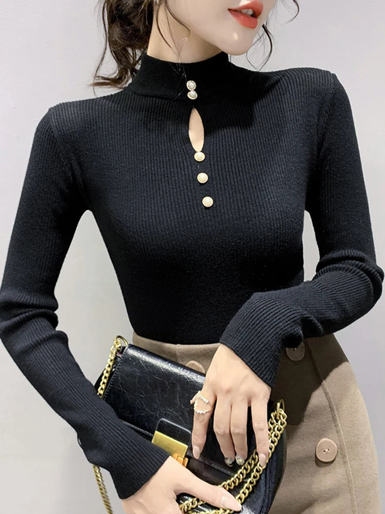 Autumn Winter Pullovers Women Hollow-out Sweaters Long Sleeve Half High Collar Sweater Female Slim Korean Knitwears Tops 2025