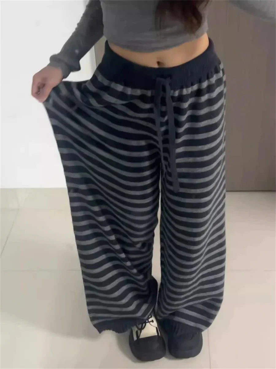 Vintage Grunge Loose Knitted Casual Pants Harajuku Contrast Color Stripe Wide Leg Trousers Y2k Aesthetic Women Straight Pants