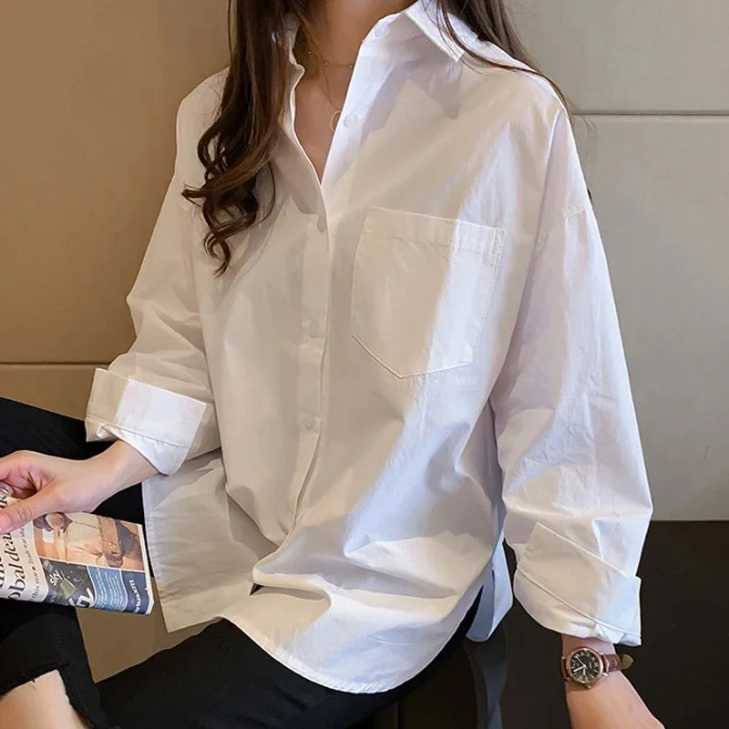 New Long Sleeve Loose Casual White Simple Blouse Elegant Spring Office Women Shirt Lady Autumn Femme Blouses Female Tops