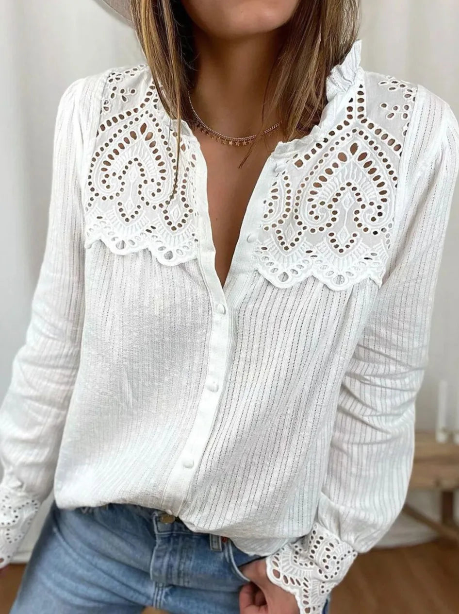 High Quality Loose Cotton Women Blouses 2025 Autumn New Lace Women Shirt Tops Fashion Casual Round Neck Long Sleeve Women Blouse