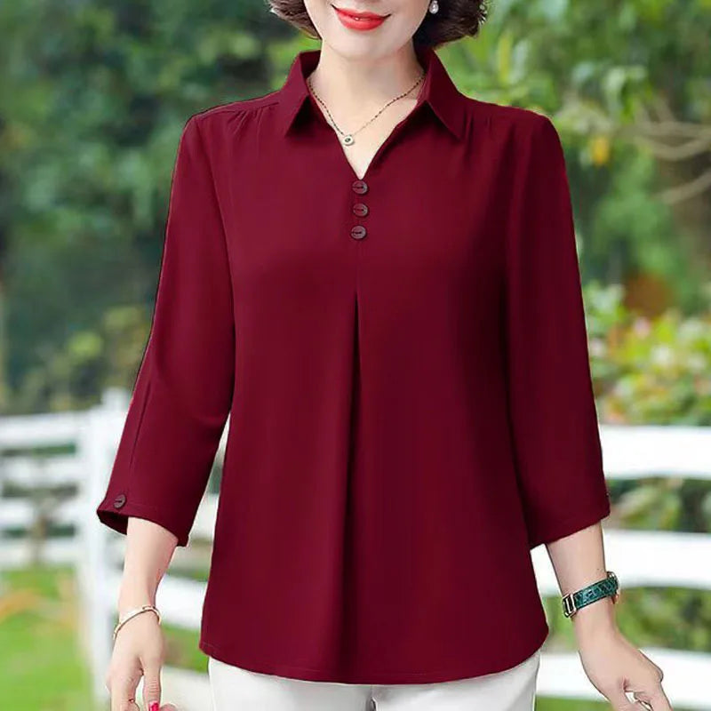 1pcs Woman Summer Solid Blouses Shirt Lady Thin Pullover Shirt Female Casual Half Sleeve Turn-down Collar Loose Top Mom Clothing