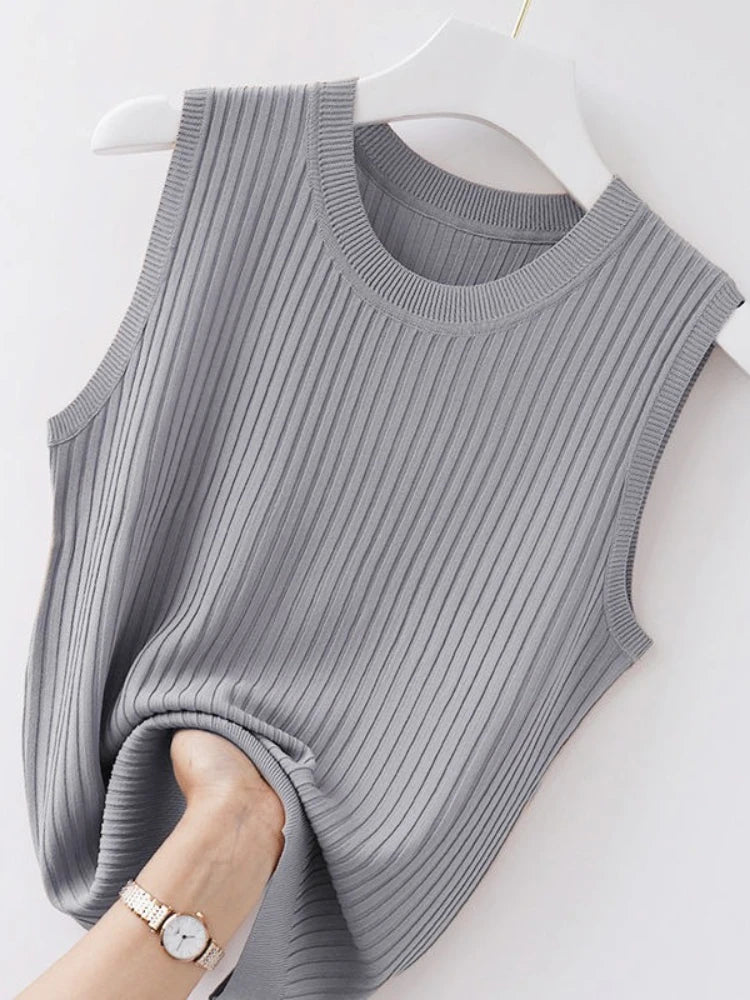 2025 Women Comfortable Solid ColorCamisole Laides Summer Bottoming WhiteShort Knitted Sleeveless Top