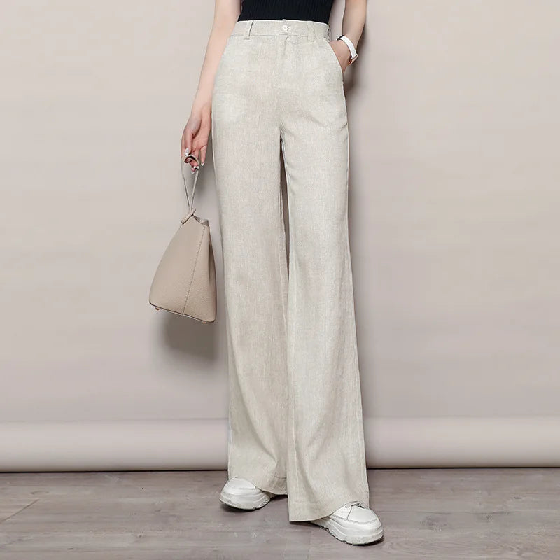 Women's High Waist Wide Leg Drape Pants Cotton Linen Loose Casual Straight Summer Slacks