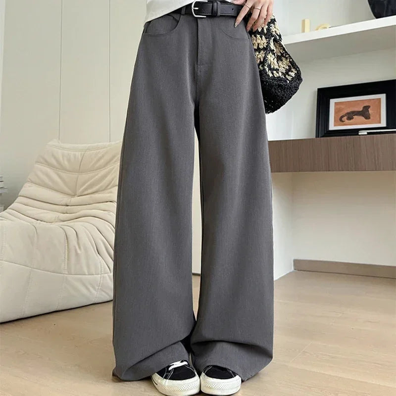 American Wide Leg Gray Pants Women Spring Autumn High Waist Wide Leg Office Suit Pants Woman Korean Pockets Baggy Trouser Ladies