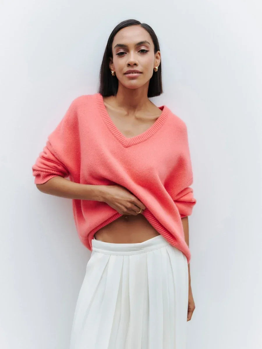 Blubelle Women's V-Neck Fashion Sweaters Autumn Winter Basic Loose Slim Knitted Sweater Soft Warm Pullover