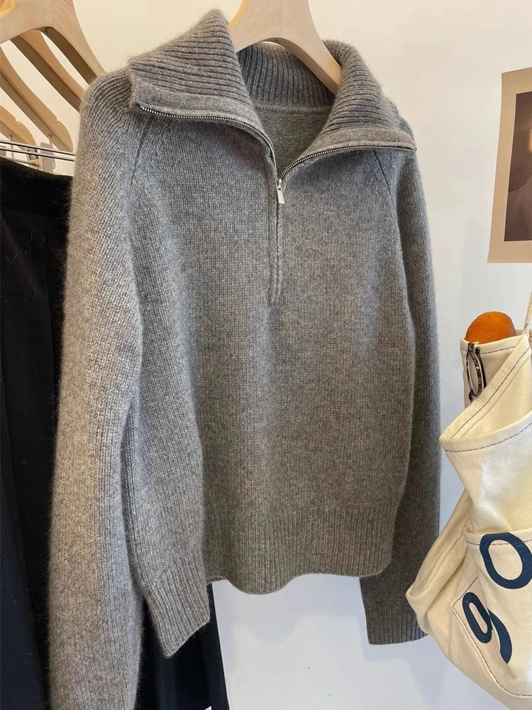 Grey Half Zipper Pullover Sweater for Women 2024 New Autumn Korean Style Long Sleeve Loose Casual Knitted Tops Female Clothing