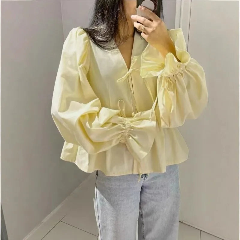 Women Loose Casual Yellow Shirt 2025 Autumn V-neck Pleated Lace-up Puff Sleeve Shirts & Blouses Sprint Streetwear Tops