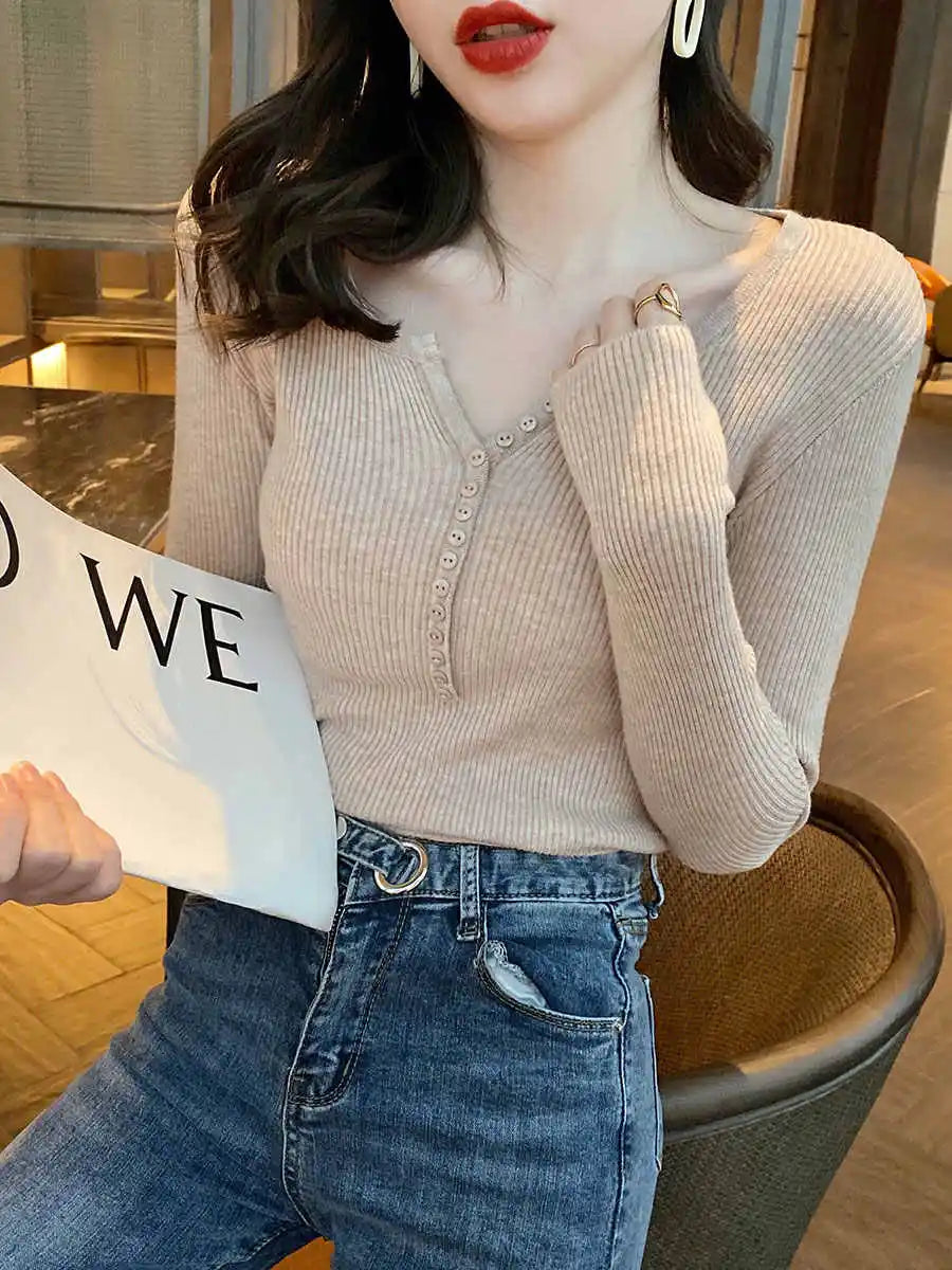 Button Long Sleeve Knitted Slim Fit Pullovers 2025 Autumn Winter V-Neck Women Sweater Korean Style Simple Base Layer Sweaters